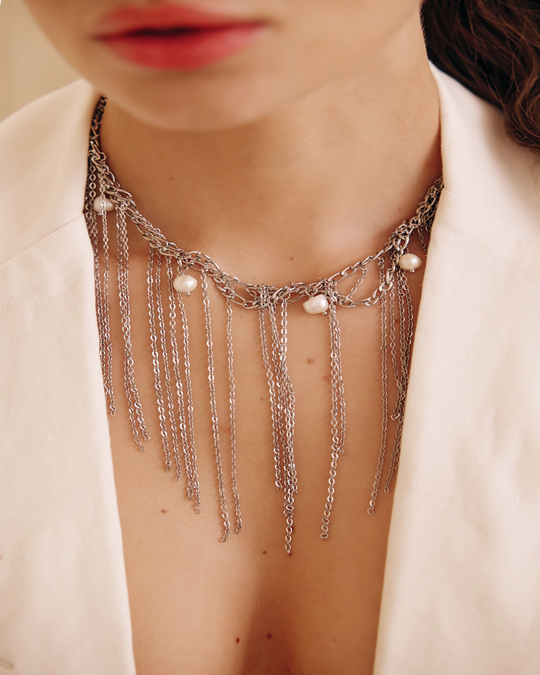 Чокер-браслет зі сталі та натуральних перлин 3в1