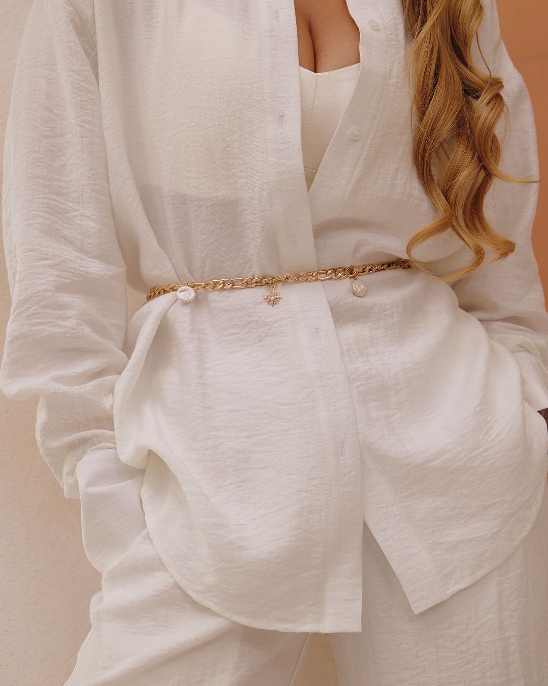 Пояс-ланцюжок з перлинами та фіанітами