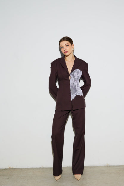 Жакет оздоблений корсетом з мережива шоколад