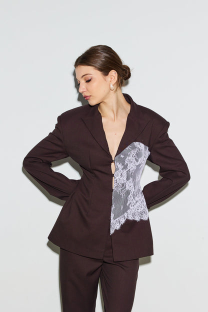 Жакет оздоблений корсетом з мережива шоколад