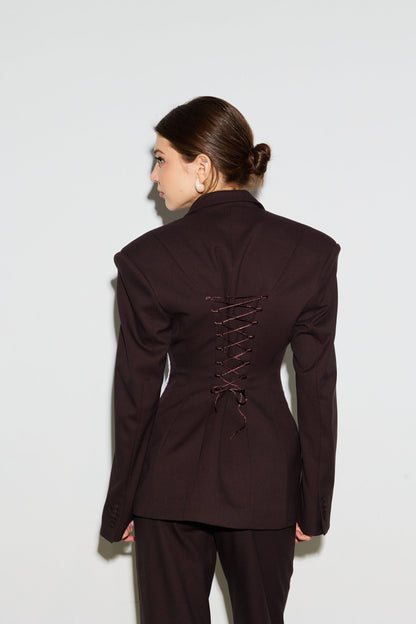 Жакет оздоблений корсетом з мережива шоколад