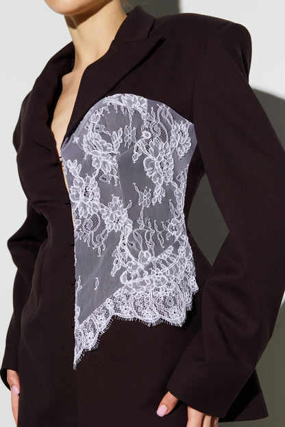 Жакет оздоблений корсетом з мережива шоколад