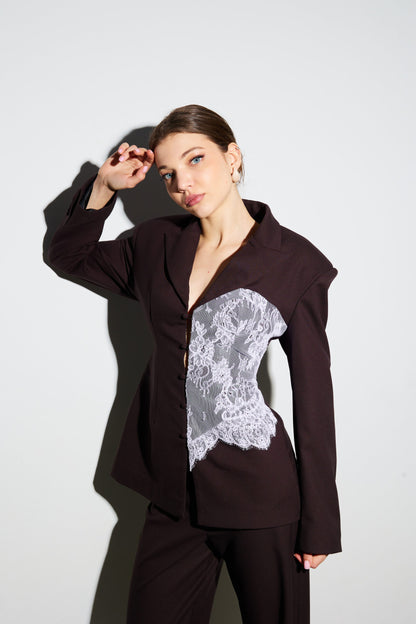 Жакет оздоблений корсетом з мережива шоколад